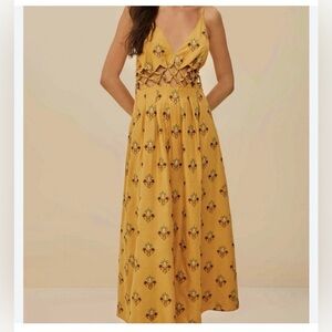 Farm Rio Printed Linen Blend V-Neck Cutout A-Line Midi Dress coconut tree small